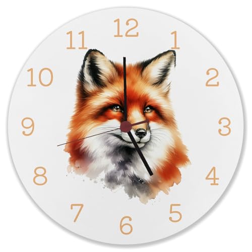 speecheese Fuchs Porträt Aquarell Wanduhr Stilvolle Tier Wanduhr mit elegantem Fuchs Aquarell Design Wildtier Fell Schnauze Details Raubtier Ohren Pelz Dekor von speecheese