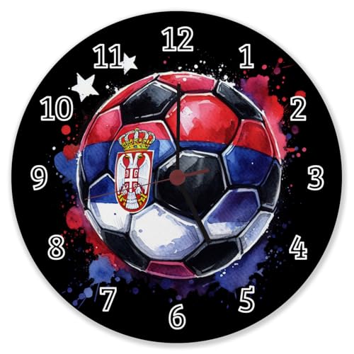 Fußball Serbien Flagge Wanduhr aus Alu Perfekte Deko für Fußballfans EM 2024 Serbien Wanduhr aus Alu Nationalflagge in Rot und Blau Sportliche Ball-Design von speecheese