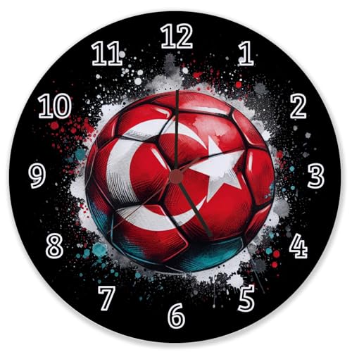 speecheese Fußball Türkei Flagge Wanduhr aus Glas Perfekt für die EM 2024 Sportliche Wanduhr aus Glas in Rot-Weiß mit Stern und Ball-Design von speecheese