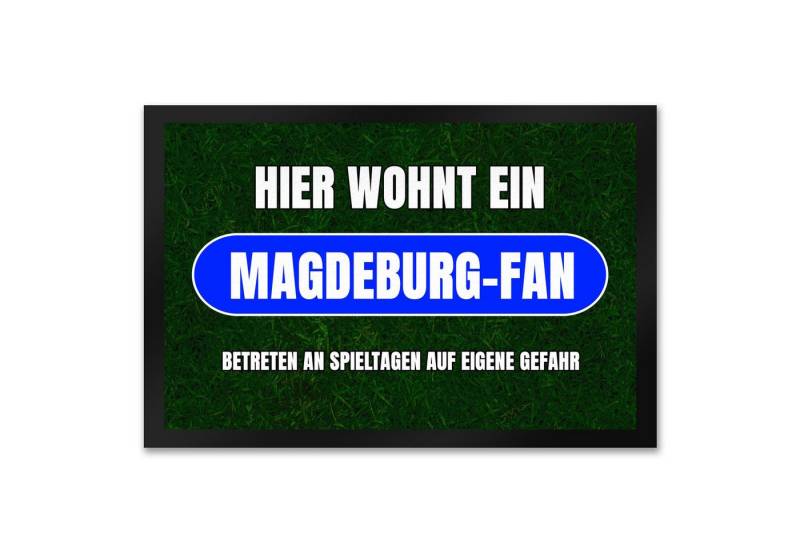 speecheese Fußmatte Hier wohnt ein Magdeburg-Fan Fußmatte XXL in 50x75 cm mit Rasenmotiv von speecheese