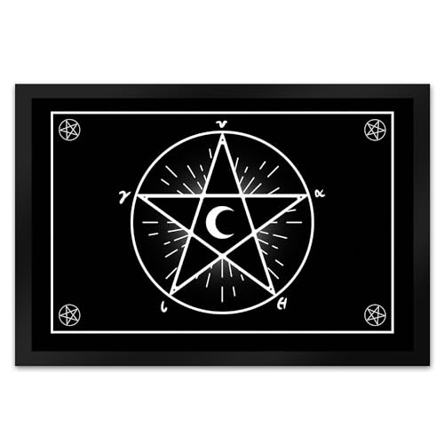 speecheese Fußmatte XL in 40x60 cm mit Pentagramm im coolen Halloween Design in Schwarz-Weiß mit vielen verschiedenen Runen und Symbolen kann jeder Hexenzirkel Seine mystischen Rituale zu von speecheese