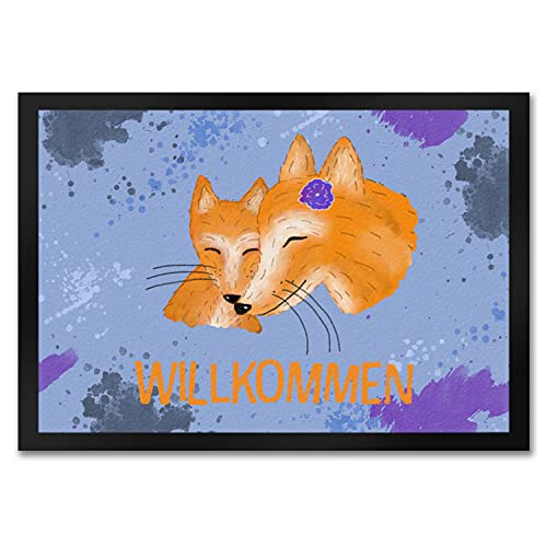 speecheese Fußmatte in 35x50 cm Willkommen mit Fuchs Motiv - Fuchs Mami mit kleinem Fuchs Kind in Blaugrau Geschenk für Mütter zum Muttertag oder als kleine Aufmerksamkeit für frisch von speecheese