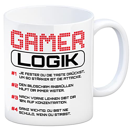 speecheese Gamer Logik Kaffeebecher in rot für Kaffee oder Tee beim Zocken für Jungs und Mädels, die Videospiele lieben und am liebsten nur daddeln von speecheese