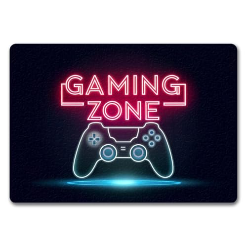 speecheese Gaming Zone Controller Fußmatte in 35x50 cm ohne Rand in Neonschrift Schriftzug Controller Blauton Dunkler Hintergrund Modernes Design von speecheese