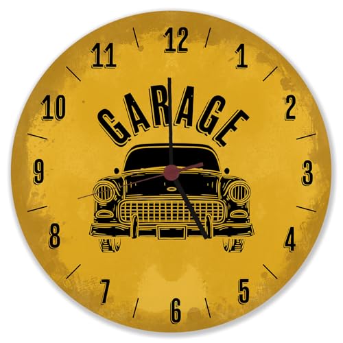 speecheese Garage Auto Wanduhr in gelb Witzige Uhr für Männer mit Automotiv perfekte Dekoration für Oldtimer Liebhaber mit Fuhrpark und verschiedenen Kfz von speecheese