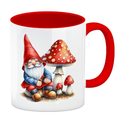 speecheese Gartenzwerg mit Fliegenpilz Kaffeebecher in rot Lustige Zwergfigur Tasse im Garten-Design Rot-Weißer Pilz-Statue Gartenliebhaber von speecheese