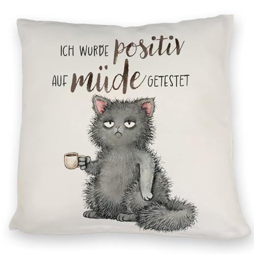 speecheese Genervte Katze Kissen mit Spruch positiv auf müde getestet EIN bequemes DekoKissen für die Couch lustiges Katzen Männer Kaffee Morgenmuffel Motiv Kissen bezug Bedruckt von speecheese