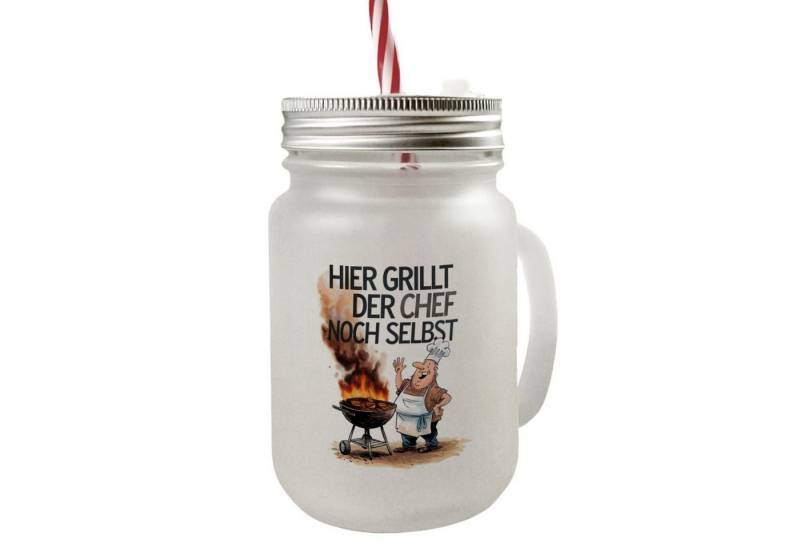 speecheese Glas Fröhlicher Koch am Grill Mason Jar Henkel Trinkglas mit Deckel Chef von speecheese