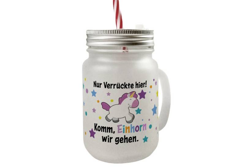 speecheese Glas Nur Verrückte hier Mason Jar Henkel Trinkglas mit Deckel Spruch Komm von speecheese