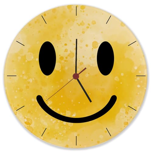 Grinsendes Emoticon gelbe Wanduhr aus Glas witzige Uhr mit gelbem Strichgesicht für Gute Laune auf der Arbeit im Büro oder einfach als lustige Dekoration Grinsendes Emoticon gelbe Wanduhr aus Glas witzige Uhr mit gelbem Strichgesicht für Gute Laune auf der Arbeit im Büro oder einfach als lustige Dekoration von speecheese