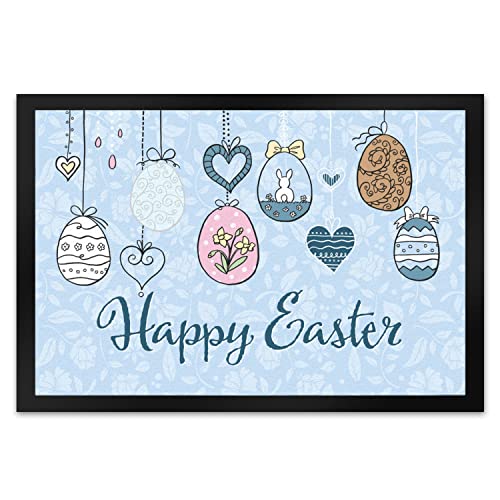 speecheese Happy Easter Ostern Fußmatte XL in 40x60 cm mit Ostereier-Motiv in hellblau als schöne Frühlings- oder Osterdekoration für Haus und Garten und um deinen Besuch willkommen zu heißen von speecheese