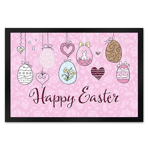 speecheese Happy Easter Ostern Fußmatte XL in 40x60 cm mit Ostereier-Motiv in rosa als schöne Frühlings- oder Osterdekoration für Haus und Garten und um deinen Besuch willkommen zu heißen von speecheese