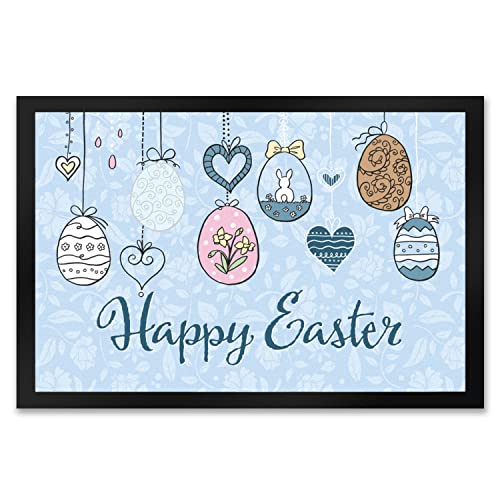 speecheese Happy Easter Ostern Fußmatte XXL in 50x75 cm mit Ostereier-Motiv in hellblau als schöne Frühlings- oder Osterdekoration für Haus und Garten und um deinen Besuch willkommen zu von speecheese