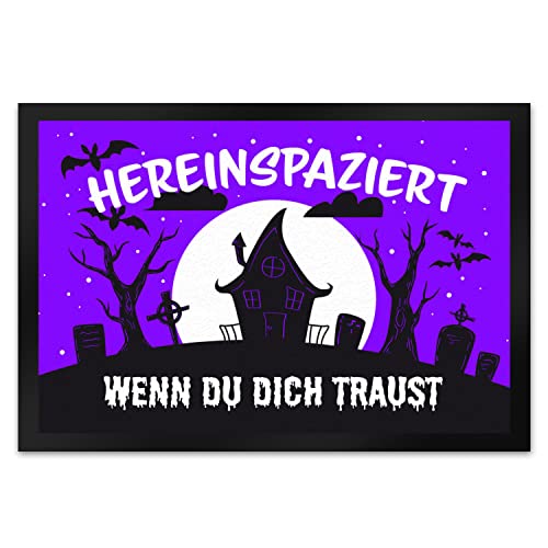 speecheese Hereinspaziert - wenn du Dich traust Fußmatte XL in 40x60 cm in lila für Halloween eine schaurige Türmatte mit Friedhofmotiv als gruselige Dekoration für den Türeingang zur von speecheese