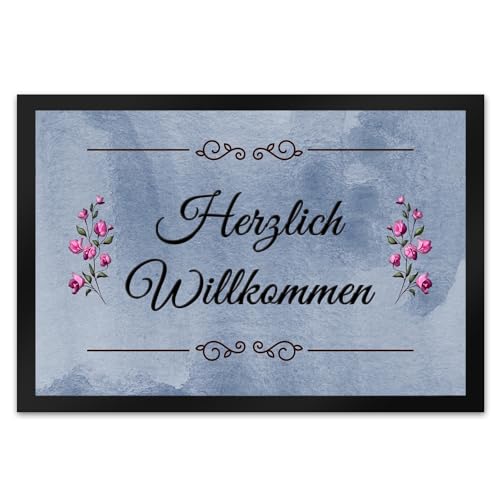 speecheese Herzlich Willkommen Fußmatte XL in 40x60 cm mit Blumen Deko und blauen Hintergrund Herzlich Willkommen Welcome Home Liebe Heimat Wohnzimmer Gästezimmer Flur Haustüre Gefühlsmensch von speecheese