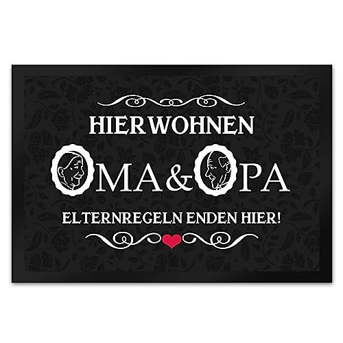 speecheese Hier wohnen Oma & Opa Fußmatte XL in 40x60 cm im Vintage-Look als schöne Dekoration für die Eingangstüre von Großeltern die ihre Enkel über Alles lieben und verwöhnen von speecheese