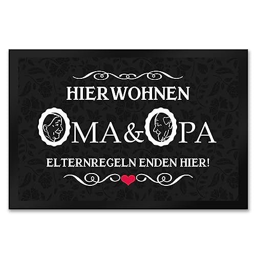 speecheese Hier wohnen Oma & Opa Fußmatte XXL in 50x75 cm im Vintage-Look als schöne Dekoration für die Eingangstüre von Großeltern die ihre Enkel über Alles lieben und verwöhnen von speecheese