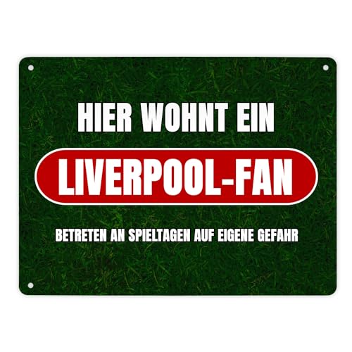 Hier wohnt ein Liverpool-Fan Metallschild XL in 21x28 cm mit Rasenmotiv Sportfan Liverpool England Sport Europa Blechschild Dekoschild von speecheese