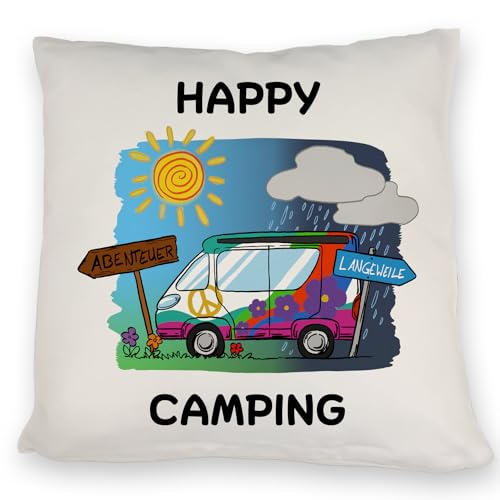 speecheese Hippie Wohnmobil Kissen mit Spruch Happy Camping EIN farbenfrohes DekoKissen für den Camping-Van Camping Motiv Naturliebhaber Sofa KuschelKissen Spruch Abenteuer Langeweile von speecheese