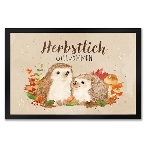 speecheese Igel Paar Fußmatte XXL in 50x75 cm mit Spruch Herbstlich Willkommen EIN bunter Türvorleger für den Eingangsbereich Motiv süßes Igelpärchen Aquarell Fußabtreter Natur Türmatte von speecheese