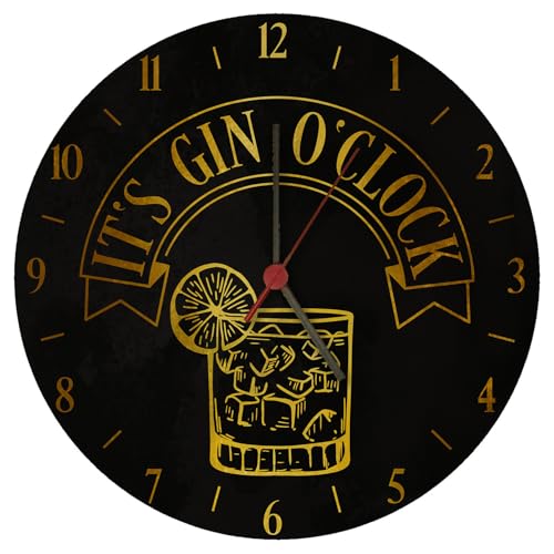 speecheese It's Gin O'Clock Wanduhr mit gelber Schrift Witzige Uhr mit Ginspruch Spruch für Ginfans Alkohol als passende Deko für die Kneipe oder die Hausbar von speecheese