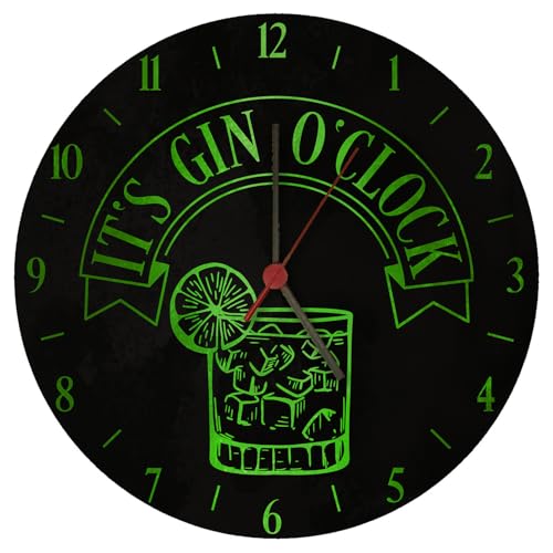 speecheese It's Gin O'Clock Wanduhr mit grüner Schrift Witzige Uhr mit Ginspruch Spruch für Ginfans Alkohol als passende Deko für die Kneipe oder die Hausbar von speecheese