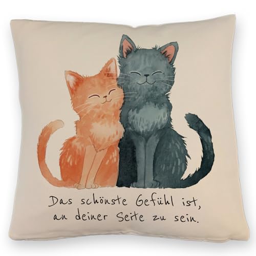 speecheese Katzenpaar Kissen mit Leinenoptik mit Spruch An deiner Seite Sein ist das schönste Gefühl Kater Liebe ideal als Valentinsgeschenk für Freundin oder Partner verliebt und kuscheln von speecheese