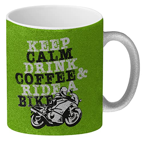 speecheese Keep calm & ride a bike Glitzer-Kaffeebecher Kaffeebecher zum Thema Motorradfahren von speecheese