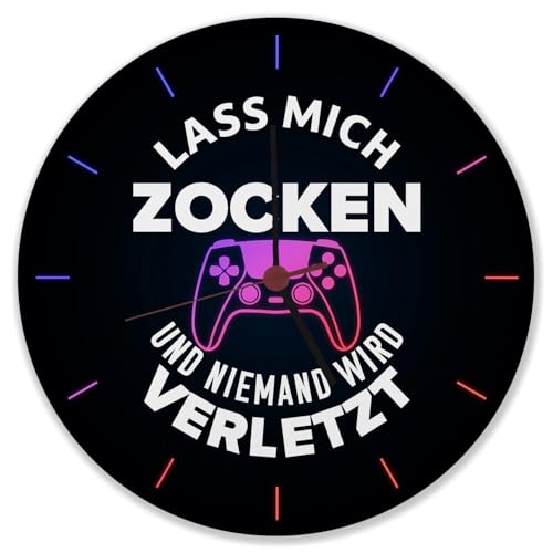 speecheese Lass Mich zocken und niemand Wird verletzt Wanduhr Uhr für Zocker und Konsolennerds mit witzigem Spruch und Controllermotiv Dekoration für das Gamerzimmer von speecheese