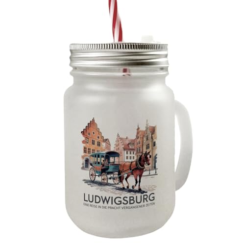 speecheese Ludwigsburg Reise Mason Jar Henkel Trinkglas mit Deckel Pferdekutsche auf Kopfsteinpflaster Ludwigsburg-Erinnerung mit nostalgischem Motiv von speecheese