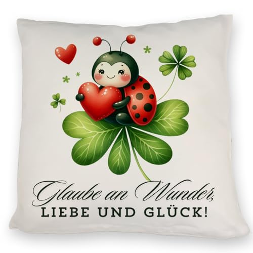 speecheese Marienkäfer Kissen mit Spruch Glaube an Wunder, Liebe und Glück! Süßer Marienkäfer Rote Wunder mit Kleeblatt sitzend auf einem Glück im Blatt speecheese Marienkäfer Kissen mit Spruch Glaube an Wunder, Liebe und Glück! Süßer Marienkäfer Rote Wunder mit Kleeblatt sitzend auf einem Glück im Blatt von speecheese