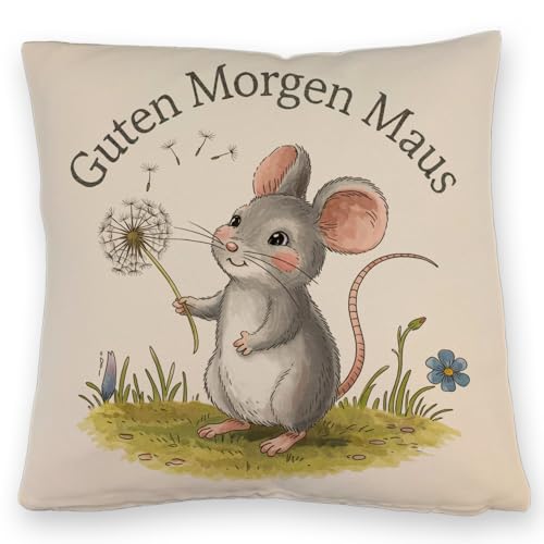 speecheese Maus mit Löwenzahn - Guten Morgen Kissen mit Leinenoptik Fröhliche Blumenillustration auf Wiese ideales Zuhause-Geschenk für einen Guten Morgen von speecheese