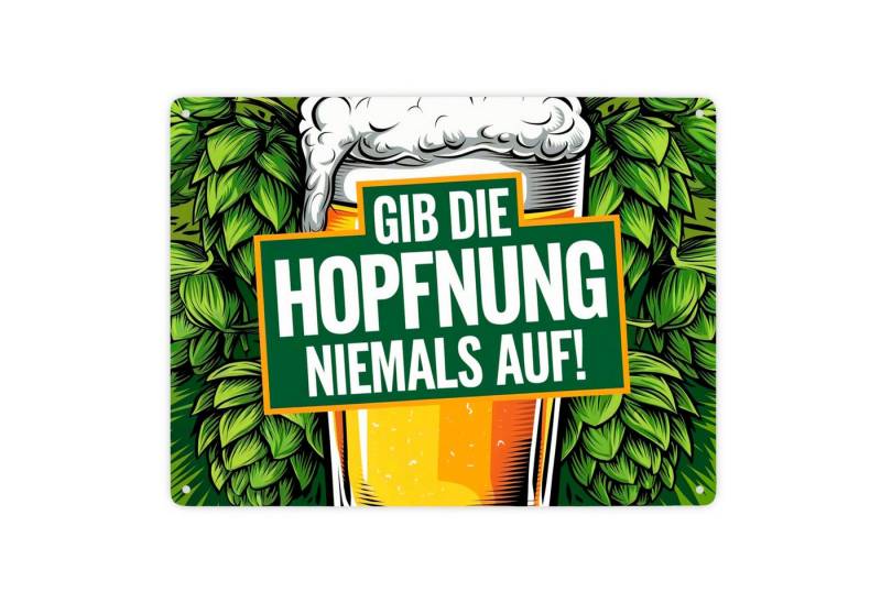 speecheese Metallschild Bierglas mit Hopfen Metallschild XXL in 28x38 cm Gib die Hopfnung auf von speecheese