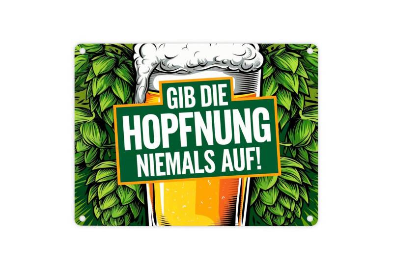 speecheese Metallschild Bierglas mit Hopfen Metallschild in 15x20 cm Gib die Hopfnung niemals von speecheese
