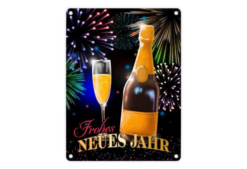 speecheese Metallschild Frohes neues Jahr Metallschild in 15x20 cm mit Sekt und Feuerwerk von speecheese