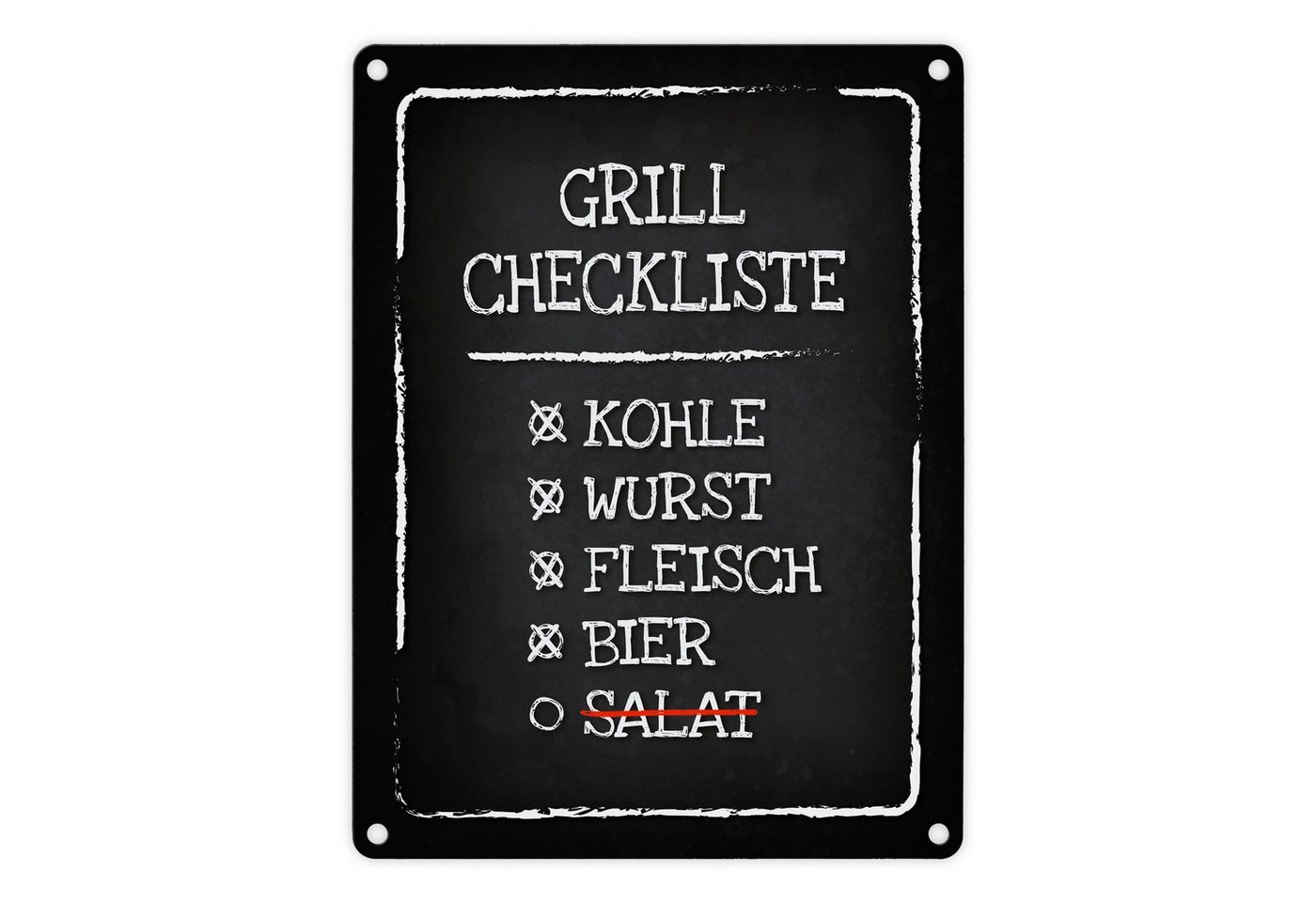 speecheese Metallschild Grill Checkliste Metallschild Kohle Fleisch Wurst Salat Hobby Party von speecheese