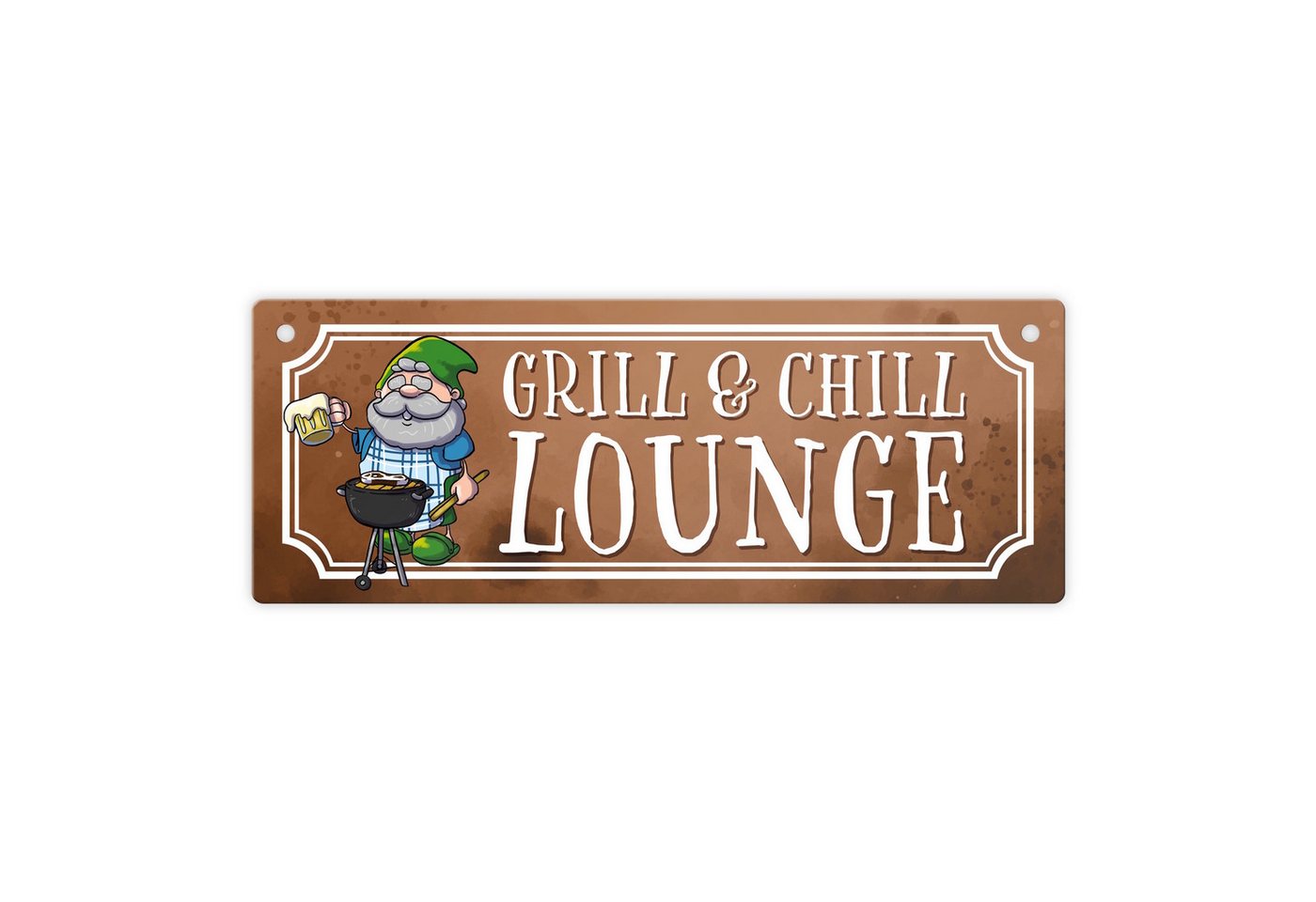 speecheese Metallschild Grill & Chill Lounge Metallschild mit lustigem Gartenzwerg von speecheese