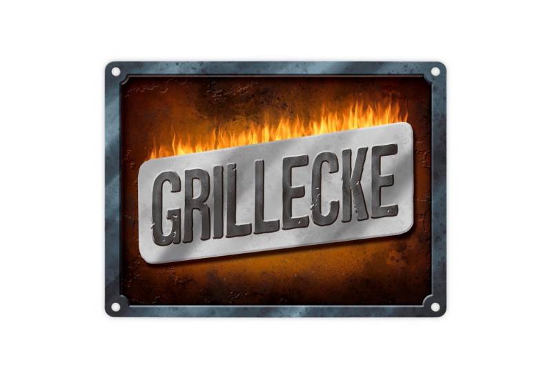 speecheese Metallschild Grillecke Metallschild Feuer Grill grillen Fleisch Bier Feier Freunde von speecheese
