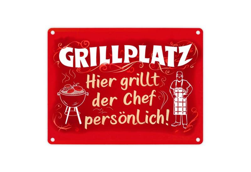 speecheese Metallschild Grillplatz Metallschild in 15x20 cm - Chef grillt persönlich von speecheese