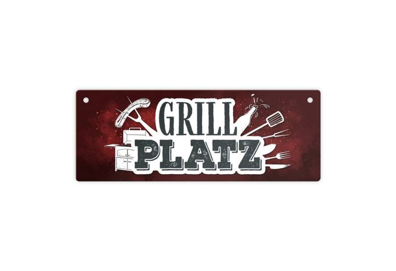 speecheese Metallschild Grillplatz Metallschild in rot Fleisch Wurst grillen Grill Bier Hobby von speecheese