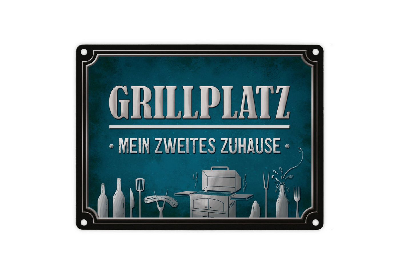 speecheese Metallschild Grillplatz mein zweites Zuhause Metallschild in blau Grill grillen von speecheese