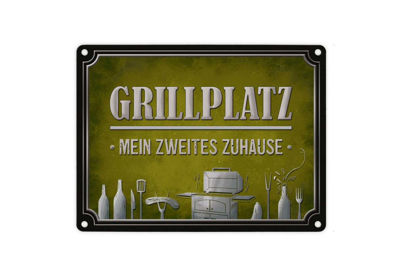 speecheese Metallschild Grillplatz mein zweites Zuhause Metallschild in grün Grill grillen von speecheese