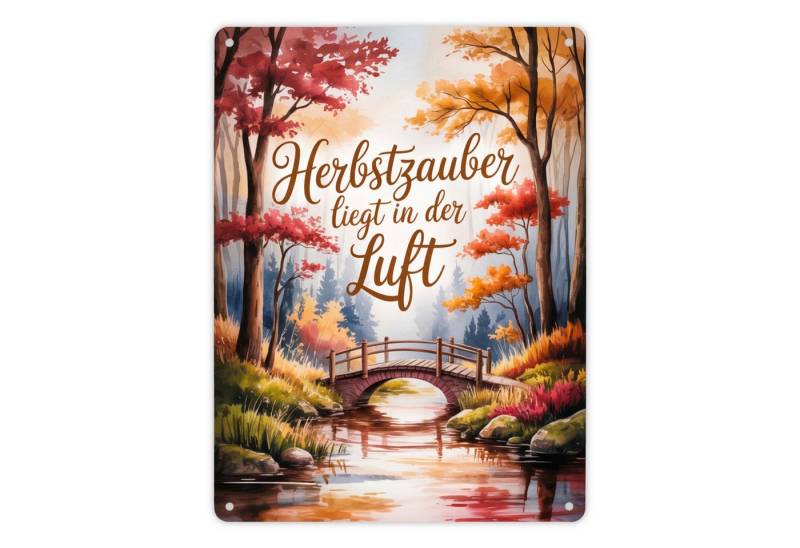 speecheese Metallschild Herbstzauber liegt in der Luft Herbstliche Waldszene mit einer Brücke speecheese Metallschild Herbstzauber liegt in der Luft Herbstliche Waldszene mit einer Brücke von speecheese
