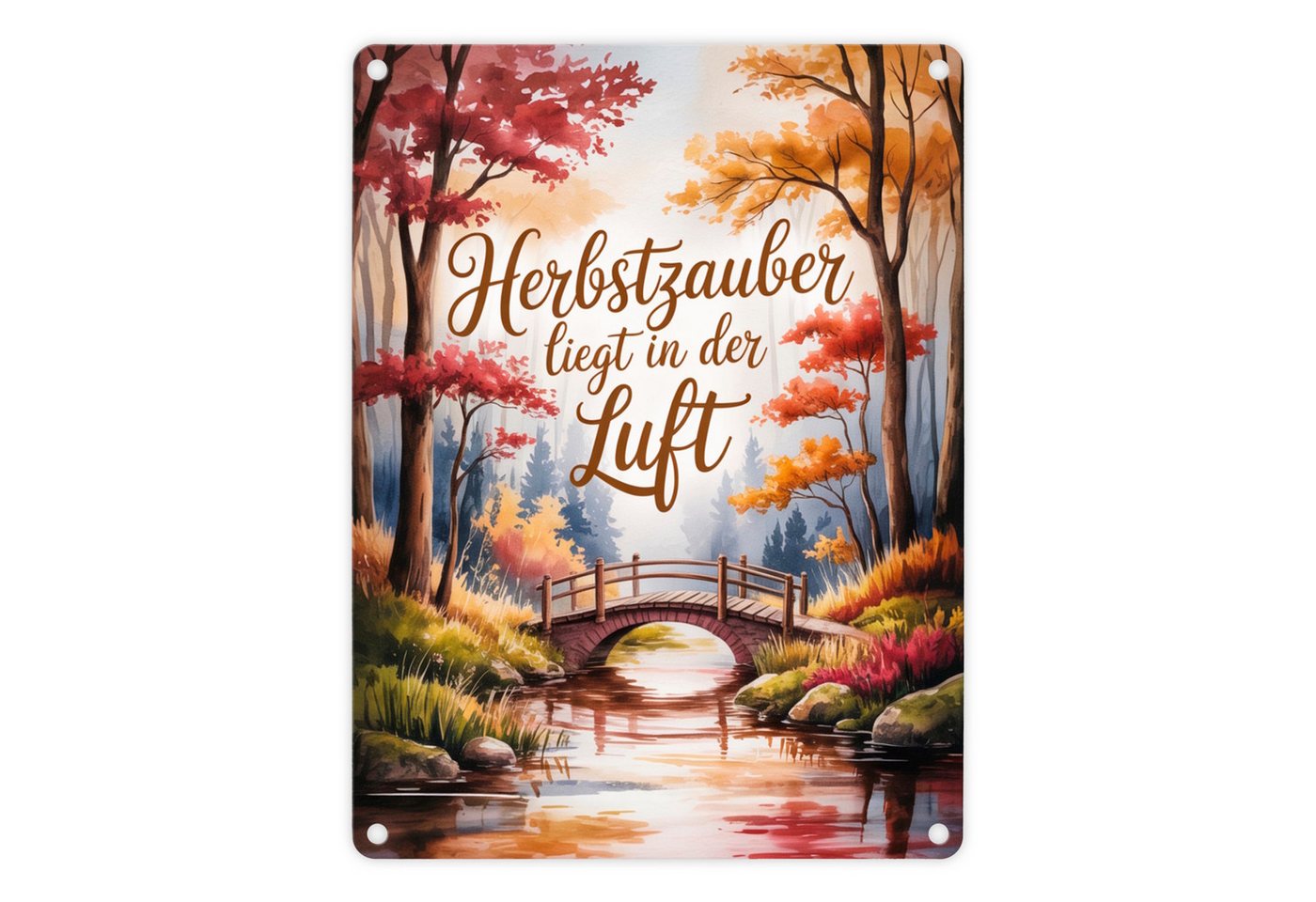 speecheese Metallschild Herbstzauber liegt in der Luft Herbstliche Waldszene mit einer Brücke speecheese Metallschild Herbstzauber liegt in der Luft Herbstliche Waldszene mit einer Brücke von speecheese