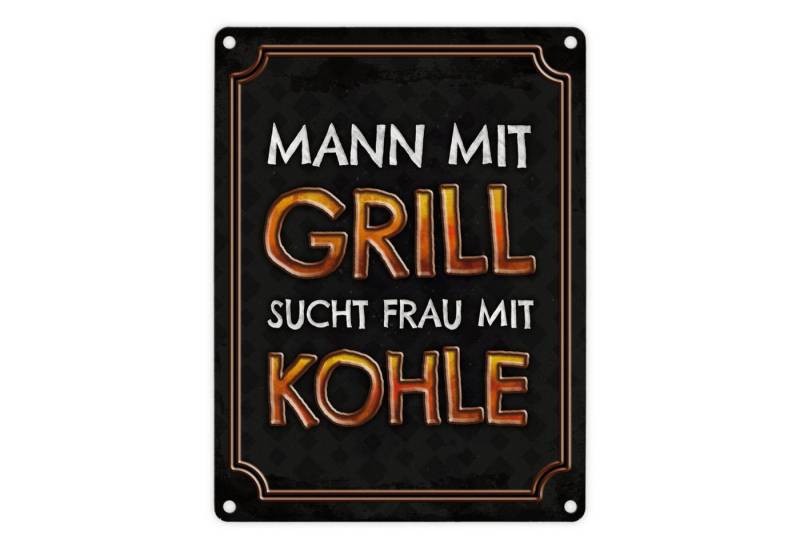 speecheese Metallschild Mann mit Grill sucht Frau Kohle Metallschild Single Liebe Hobby von speecheese