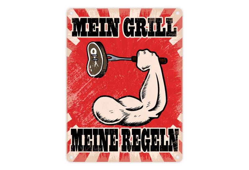 speecheese Metallschild Mein Grill Meine Regeln Metallschild mit starkem Arm Motiv von speecheese