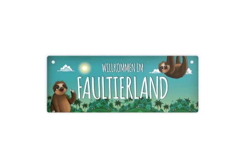 speecheese Metallschild Metallschild mit Faultier Motiv und Spruch: Willkommen im Tschüss ... von speecheese