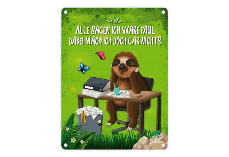 speecheese Metallschild Metallschild mit Faultier am Schreibtisch Motiv und Spruch: Alle ich von speecheese