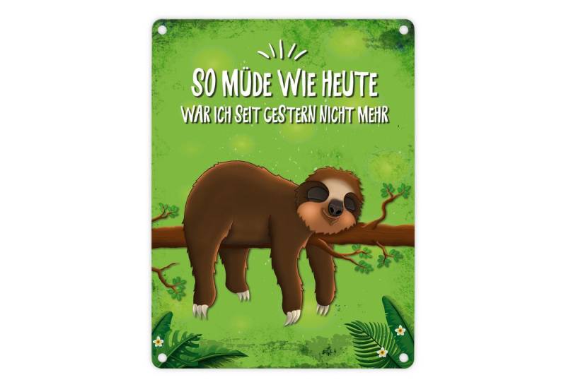 speecheese Metallschild Metallschild mit Faultier auf Baum Motiv und Spruch: So müde wie war von speecheese