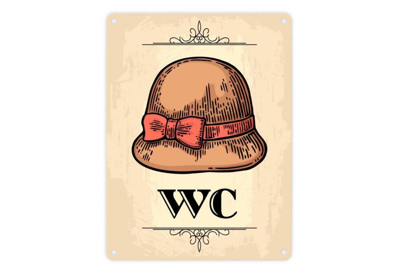 speecheese Metallschild Vintage Damen WC Schild mit Damenhut in beige Blechschild von speecheese